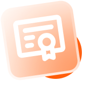 Orange square icon with a white certificate symbol.