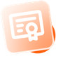 Orange square icon with a white certificate symbol.