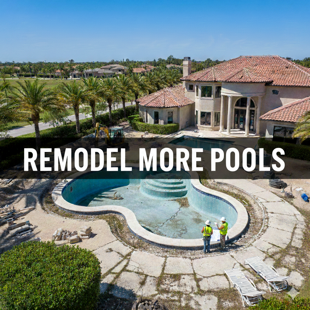 Pool remodel project in front of a large house. Two workers inspecting the pool. Text: Remodel More Pools.
