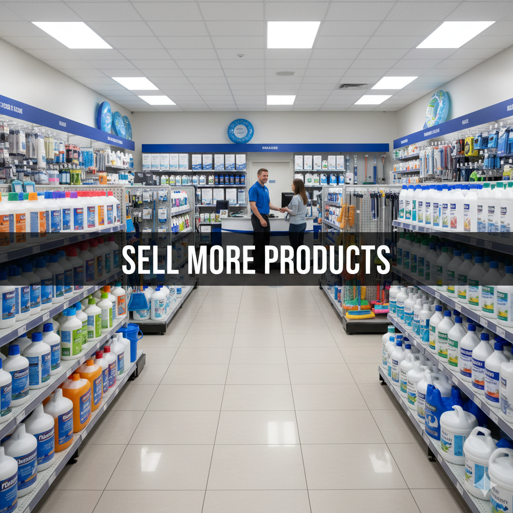 Pool supply store interior with shelves of products and a customer interacting with an employee.