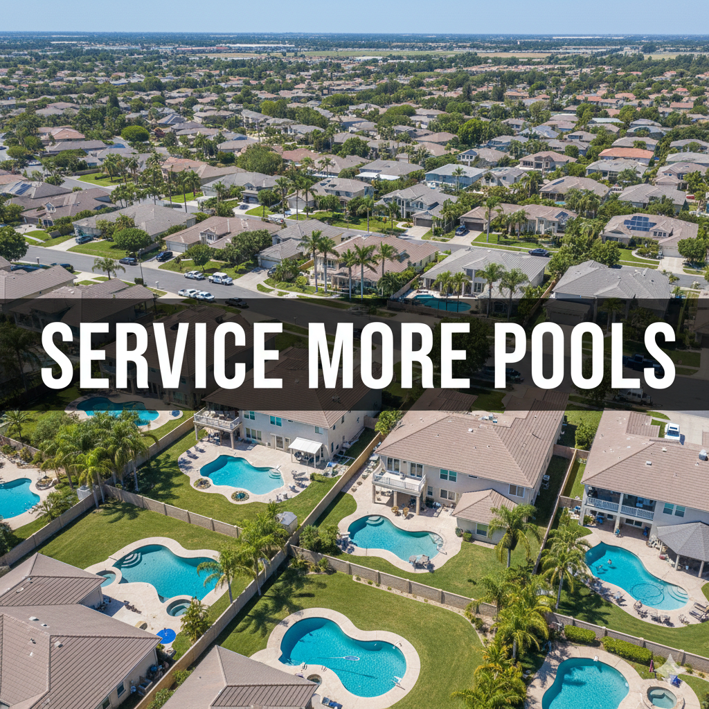 Aerial view of suburban homes with numerous blue swimming pools; text reads