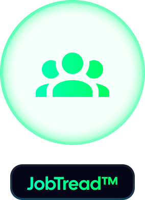 Three green people icons inside a glowing green circle, below a JobTread logo.