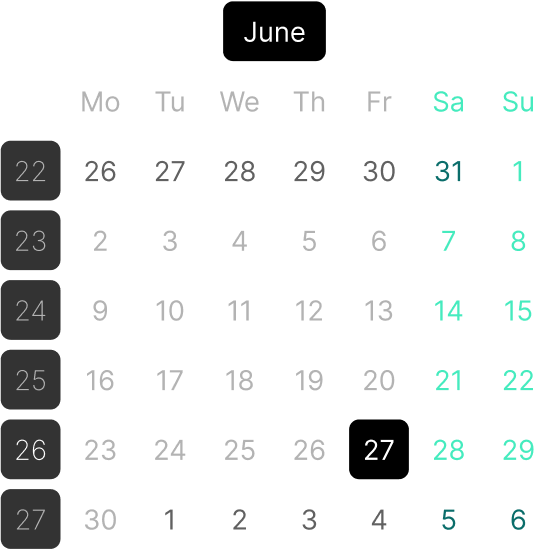 A calendar for june is shown on a white background.