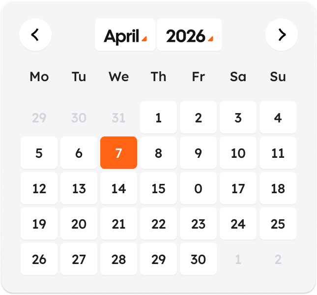 Calendar showing April 2026, with the 7th highlighted. Navigation arrows are on either side of the date.