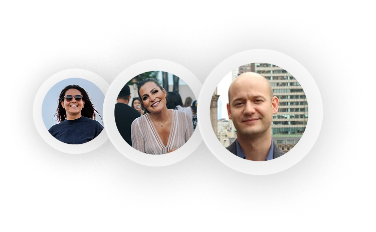 Three people in circular frames, smiling, possibly at an event; urban background.