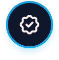 Blue circle with a white checkmark icon inside a stylized shape, indicating verification.