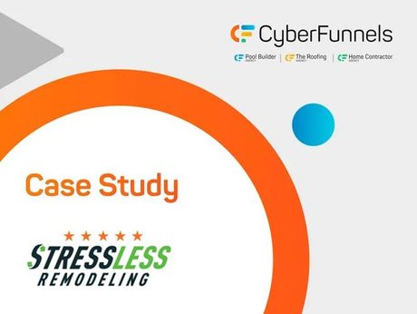 Case study presentation for Trademark Roofing by CyberFunnels. Features orange circle, blue dot, and roof graphic.