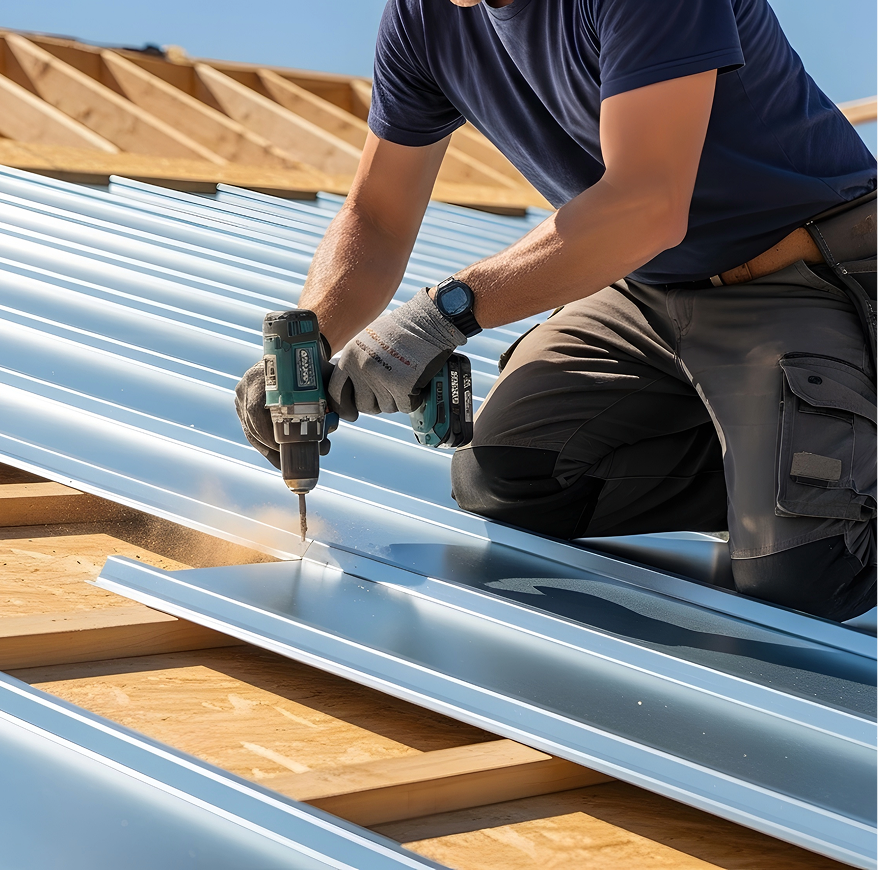 Two men shaking hands at a construction site; one in a suit and white hard hat, the other in work attire and yellow hard hat.