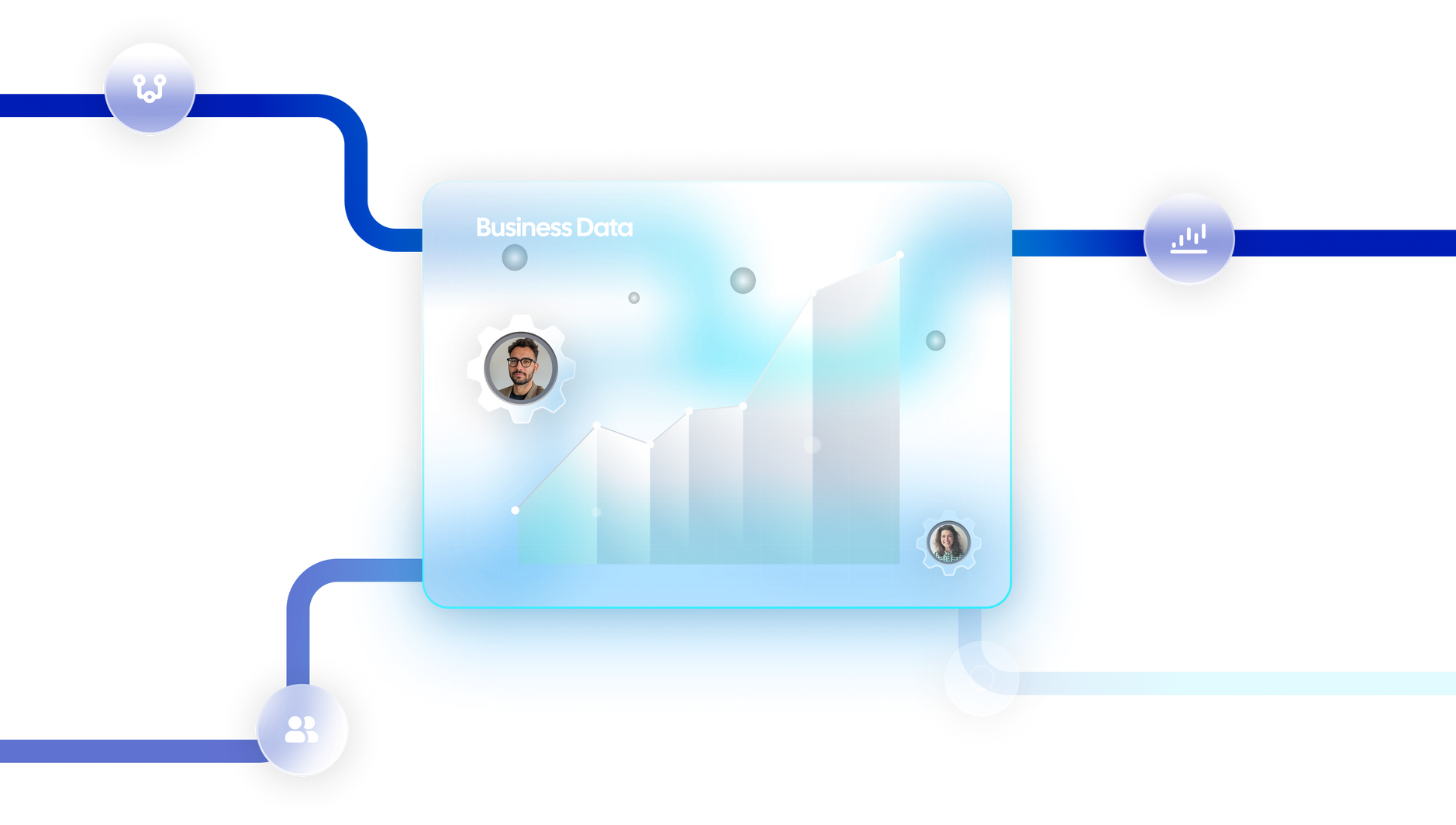 Network diagram with a gear icon at the center, connecting social media icons via blue lines.