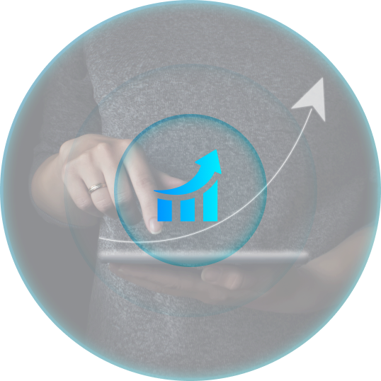 Person using a tablet, overlaid with a blue bar graph and upward-pointing arrow, indicating growth.
