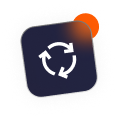 Dark blue square with white circular arrows, orange notification dot.