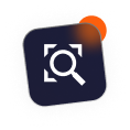 Dark blue square with white circular arrows, orange notification dot.