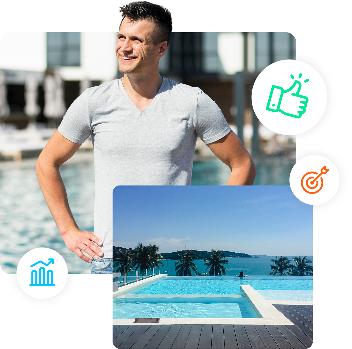 A man is standing in front of a swimming pool