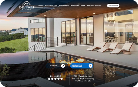 A screenshot of a website showing a house with a swimming pool.