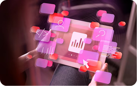 A person is holding a tablet with a bunch of icons on it.