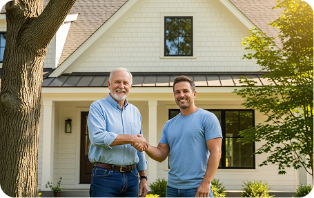 Two men are shaking hands in front of a house.
