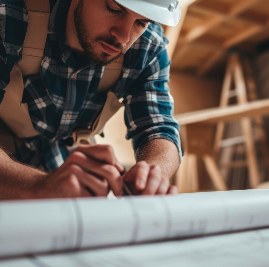 Two men shaking hands at a construction site; one in a suit and white hard hat, the other in work attire and yellow hard hat.