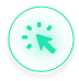 Green cursor icon pointing, surrounded by sparkles, inside a white circle.
