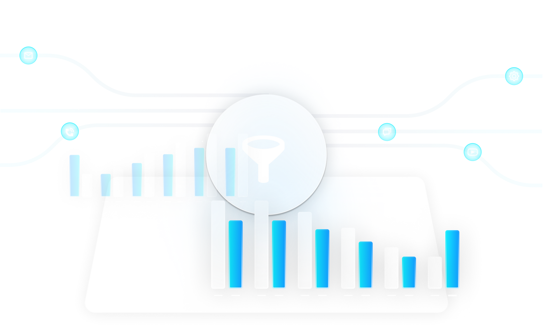 Network diagram with a gear icon at the center, connecting social media icons via blue lines.