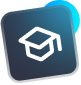White graduation cap icon on a dark blue, rounded square, with a light blue orb in the background.