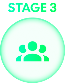 Three green people icons within a light green circle, suggesting a group or team.