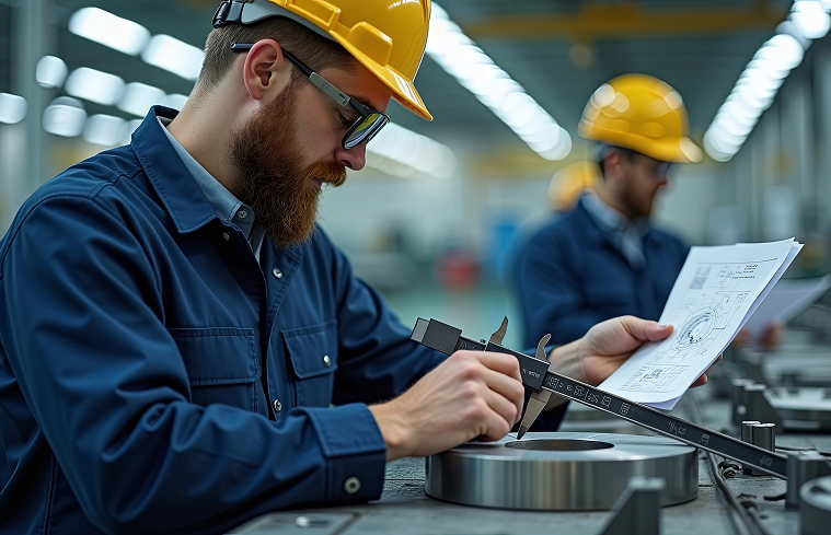 Man in blue work clothes and hard hat uses calipers to measure a metal part, looking at a blueprint, in a factory.