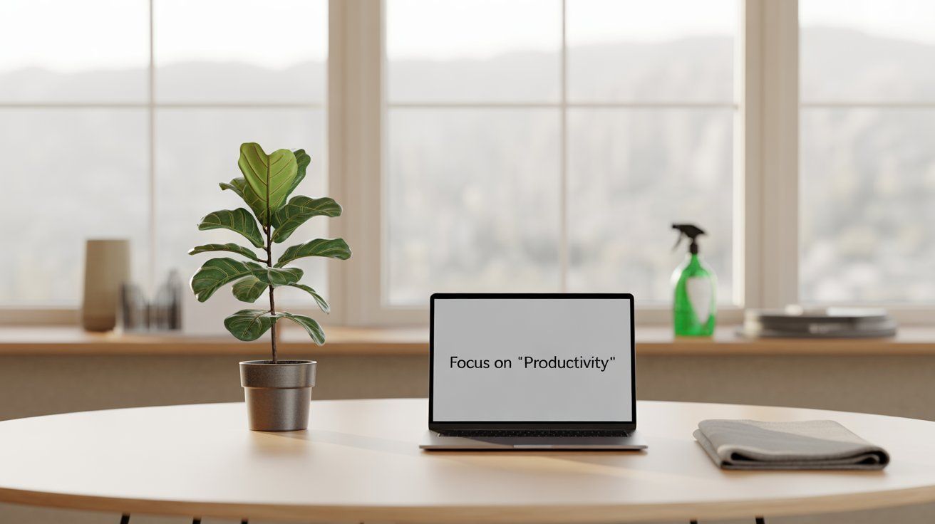 A laptop computer is sitting on a wooden table next to a potted plant.