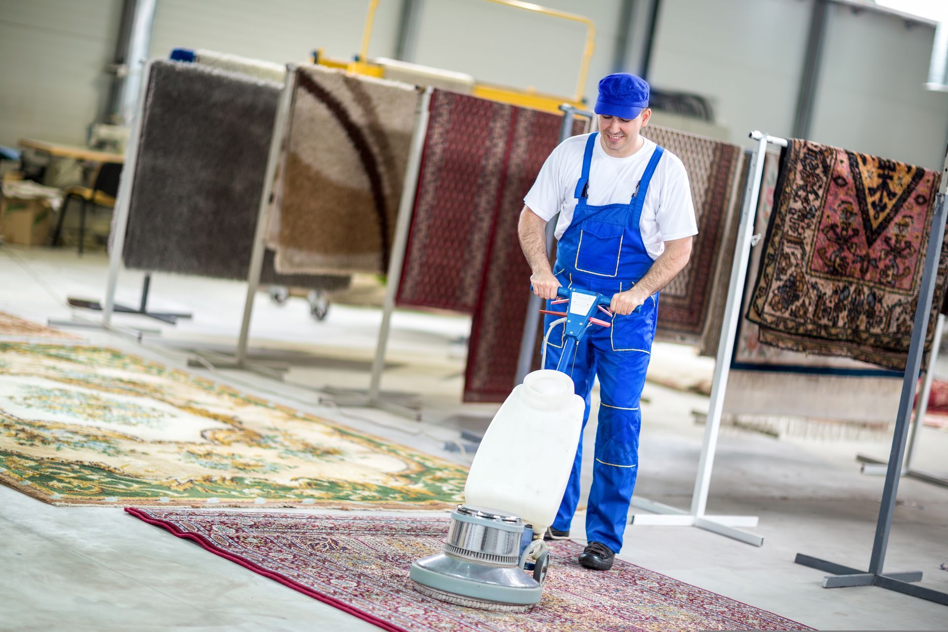 a man in blue overalls is using a machine to clean a rug