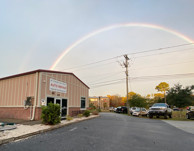 Front of Shop, with rainbow | Mt. Pleasant Auto Service Center