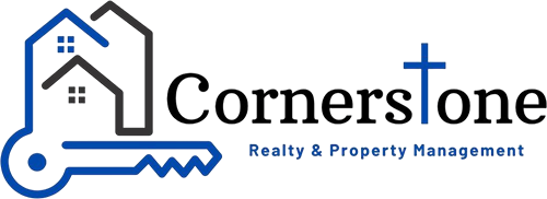 Logo for Cornerstone Realty & Property Management: Key with houses, cross, and company name.