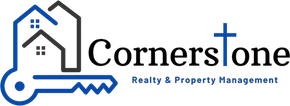 Logo for Cornerstone Realty & Property Management: Key with houses, cross, and company name.