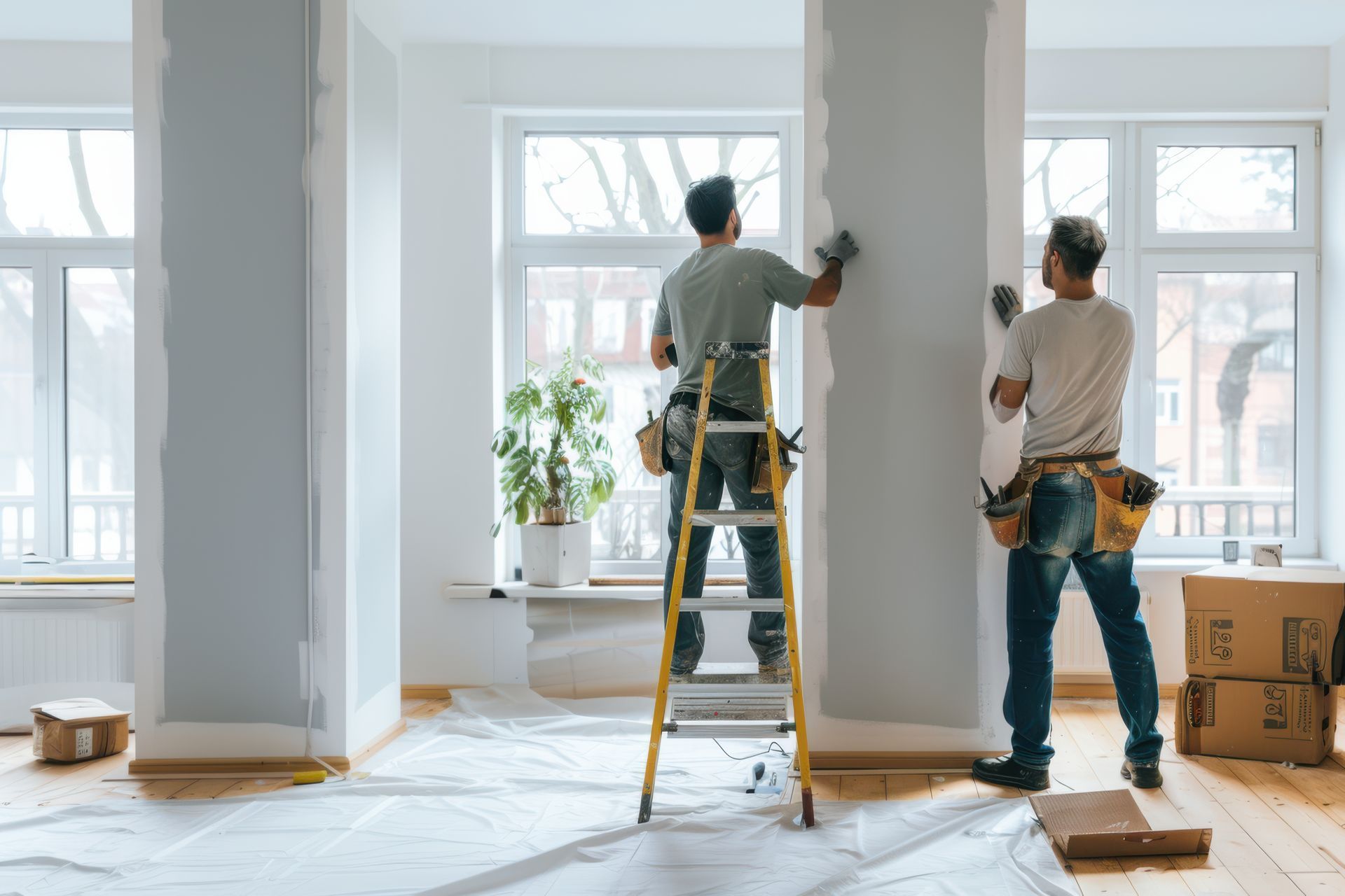 Two people smoothing compound on a wall during interior remodeling. One stands on a ladder.