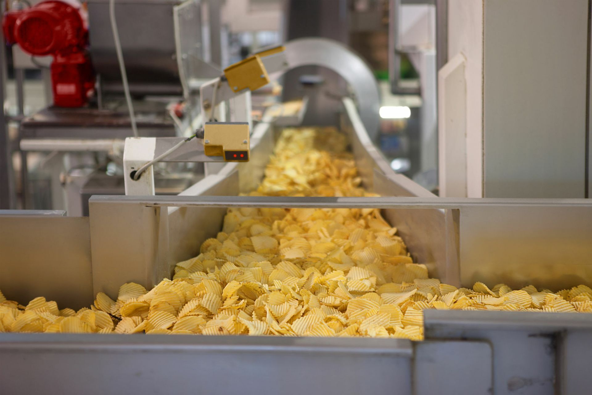 Potato chips spilling from a conveyor belt in a factory setting.