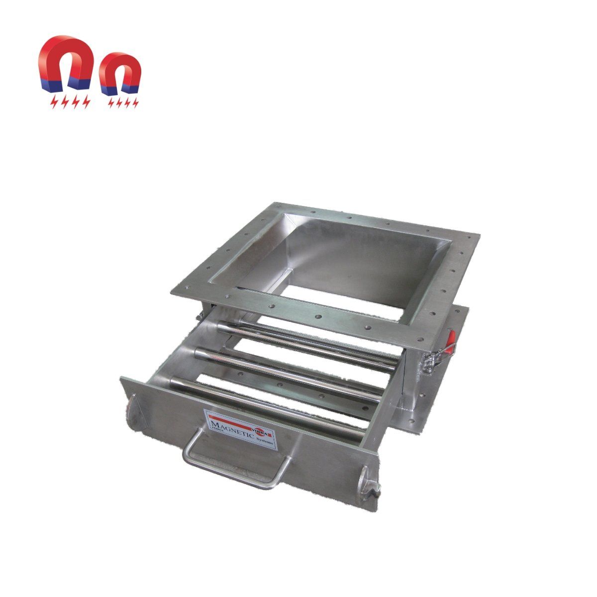 Magnetic grate separator for removing metal contaminants, with a stainless steel frame and magnetic rods.