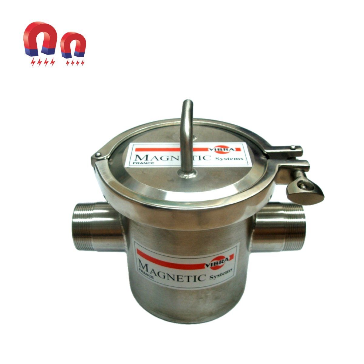 Stainless steel magnetic filter with threaded connectors and clamp lid.