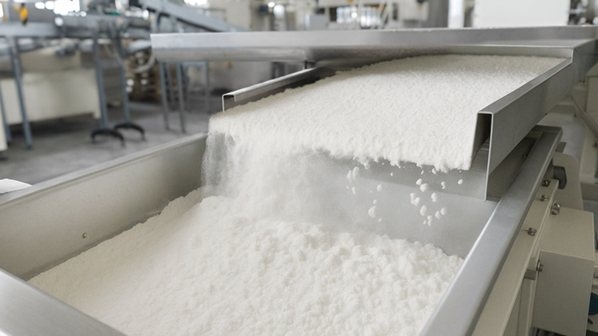 White granular material cascading onto a conveyor belt in a factory setting.