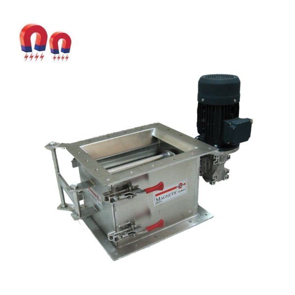 Magnetic separator with motor, used for removing metal particles from bulk materials.