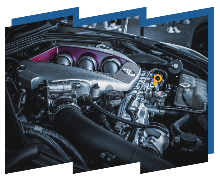 A close up of a car engine with the hood open.