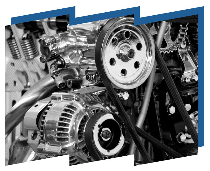 A close up of a car engine with a belt.
