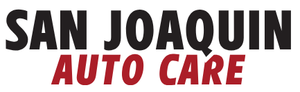 The logo for san joaquin auto care is red and black