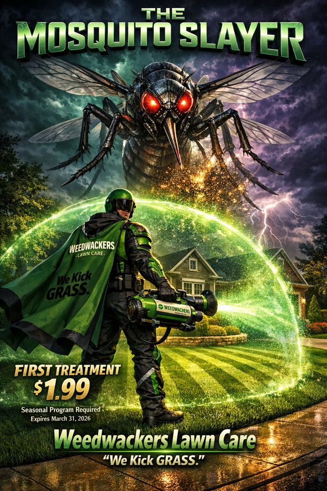 Advertisement for Weedwackers Lawn Care. A superhero slays a giant mosquito, with an offer for the first treatment.