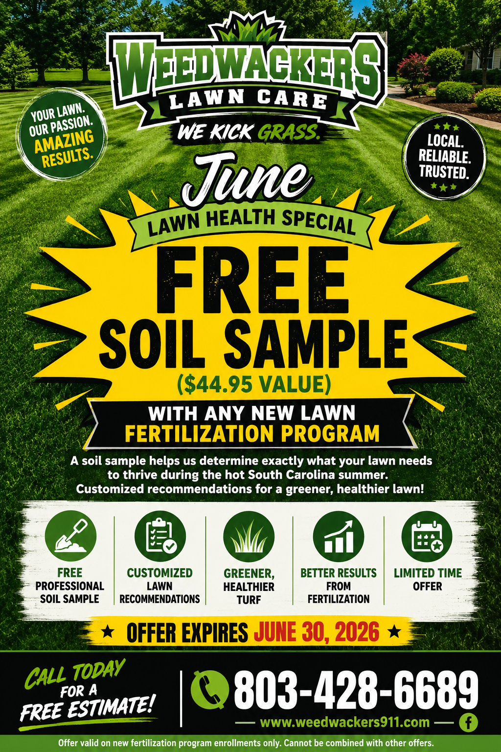 Weedwackers lawn care ad promoting free soil sample and fertilization special, green and yellow flyer
