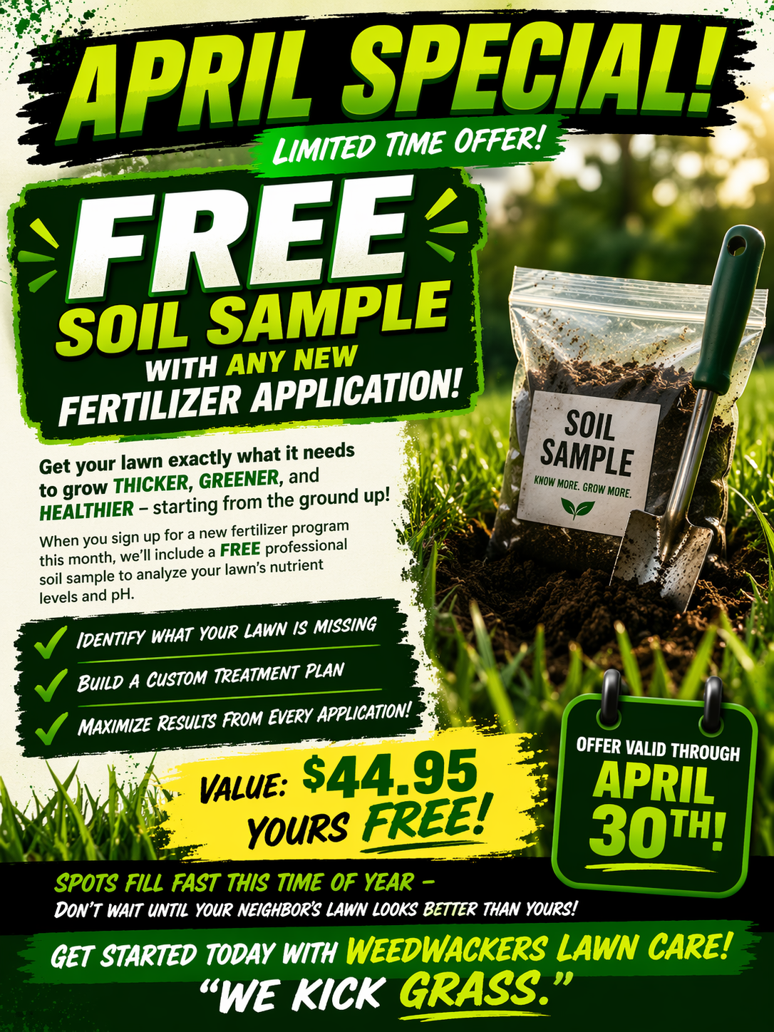 April Special ad for a free soil sample with fertilizer application at Weedweckers Lawn Care.