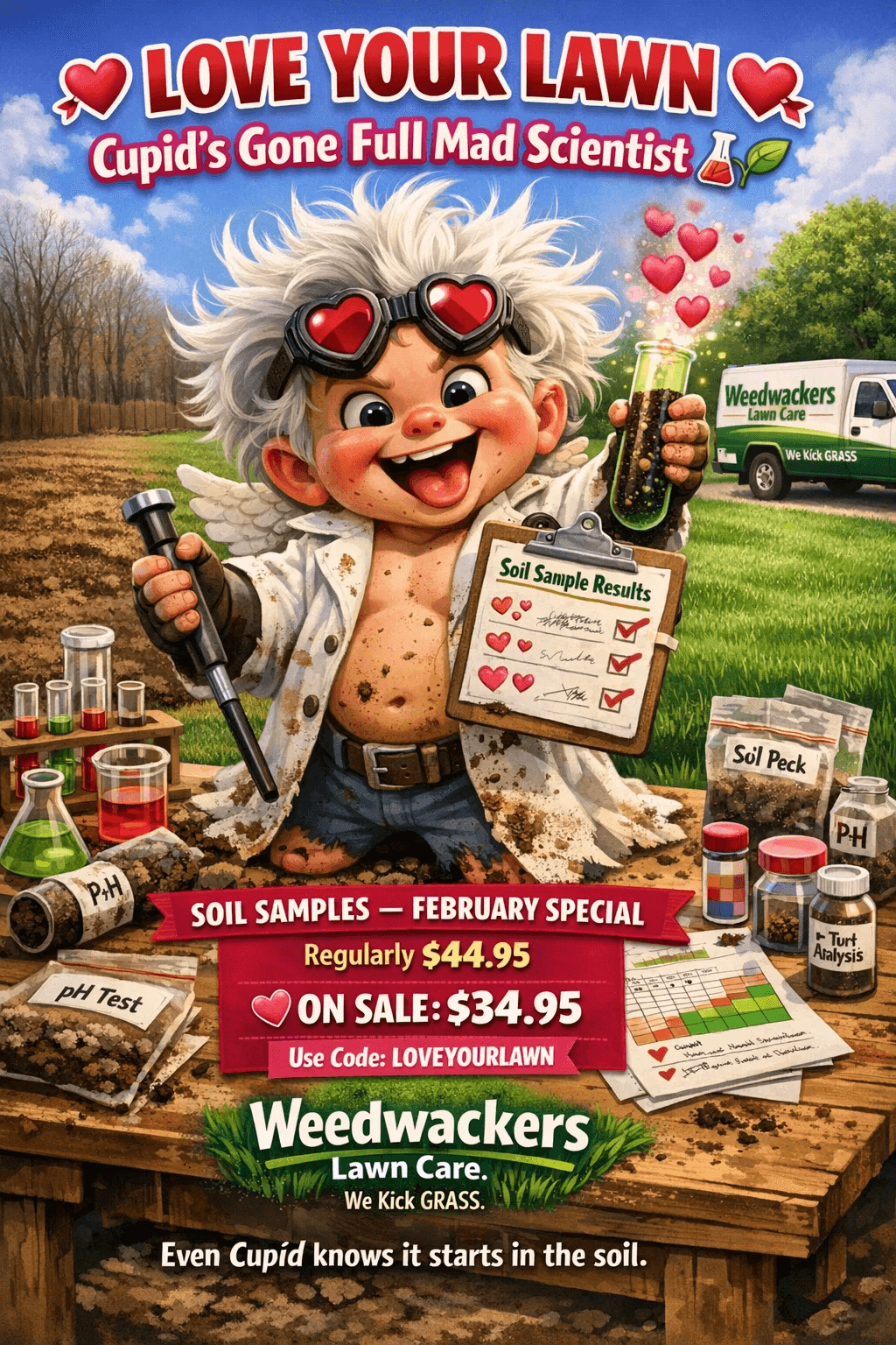 Advertisement: Cupid as a mad scientist promoting Weedwackers lawn care. Discount on soil samples.