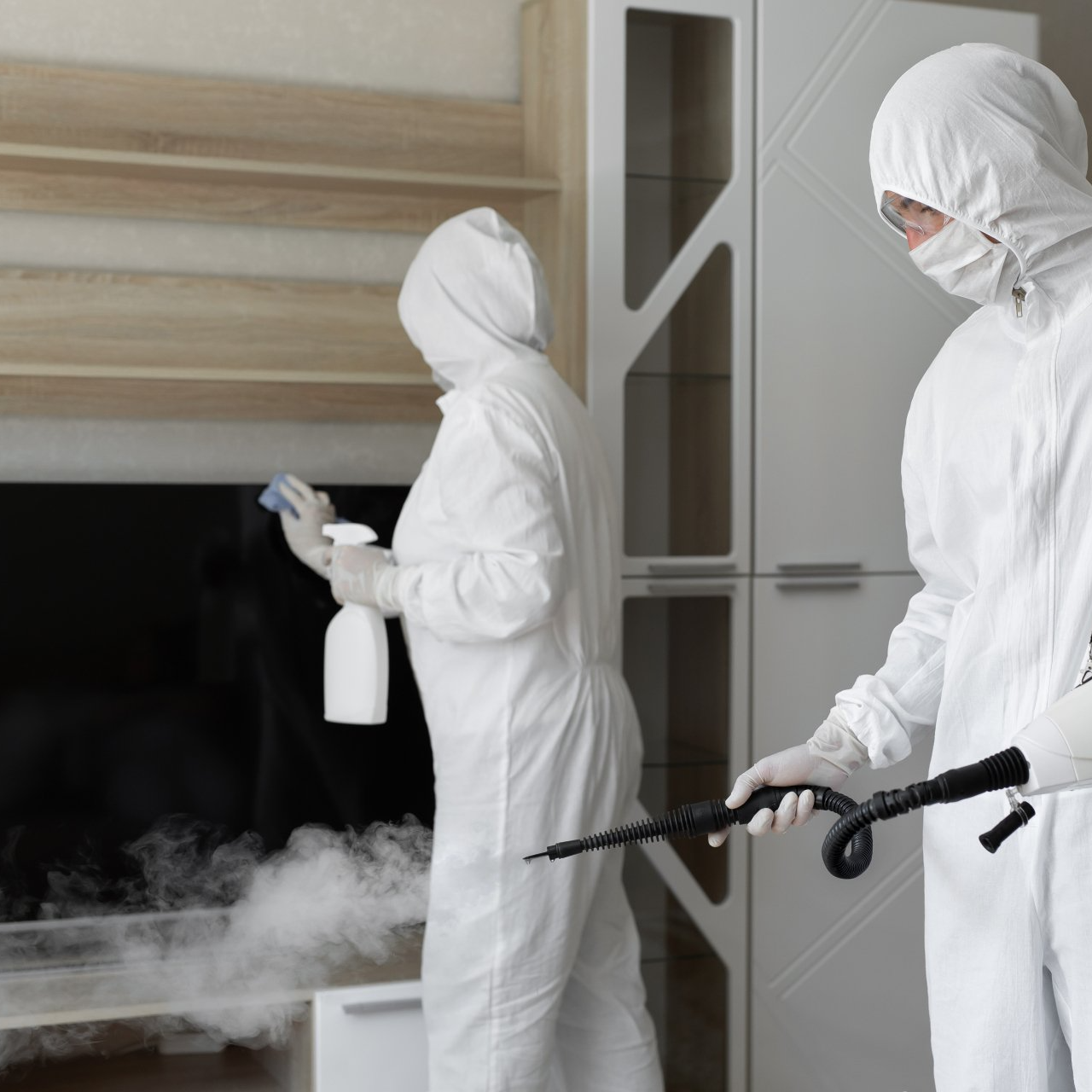 2 people sanitizing and disinfecting an office