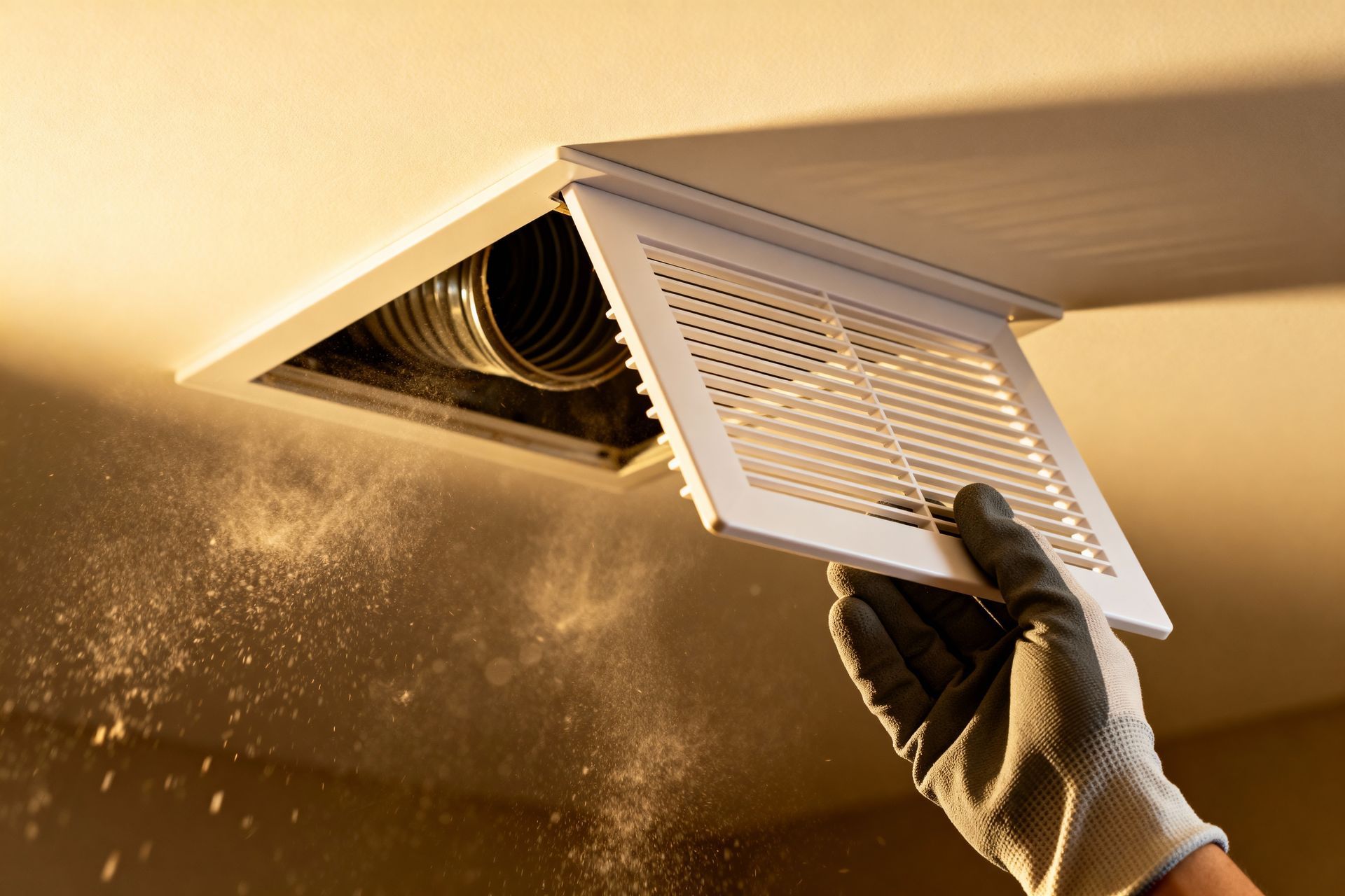 A gloved hand removes a ceiling vent cover, releasing a cloud of dust from the ductwork.