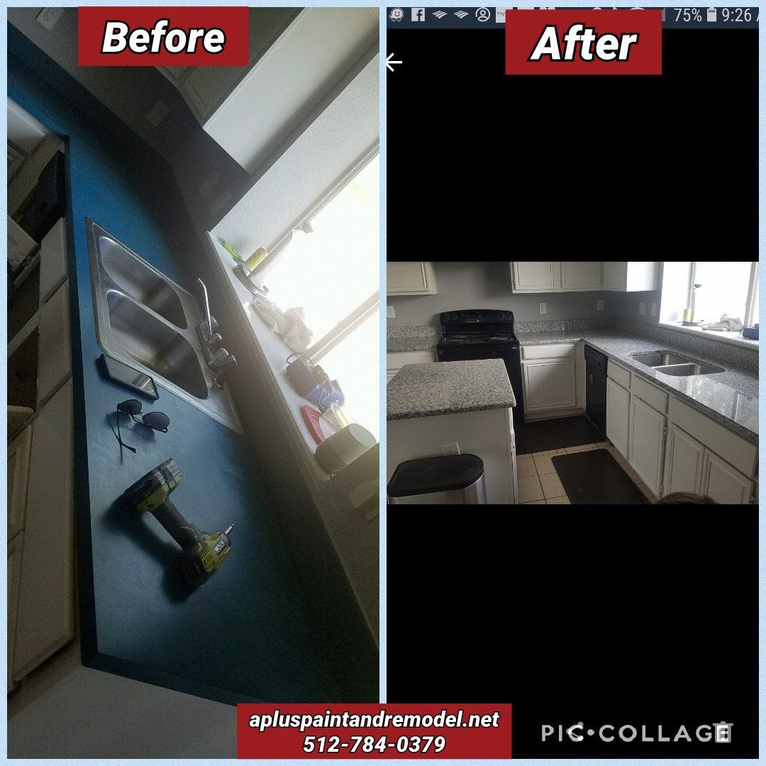 before/after blue kitchen counter