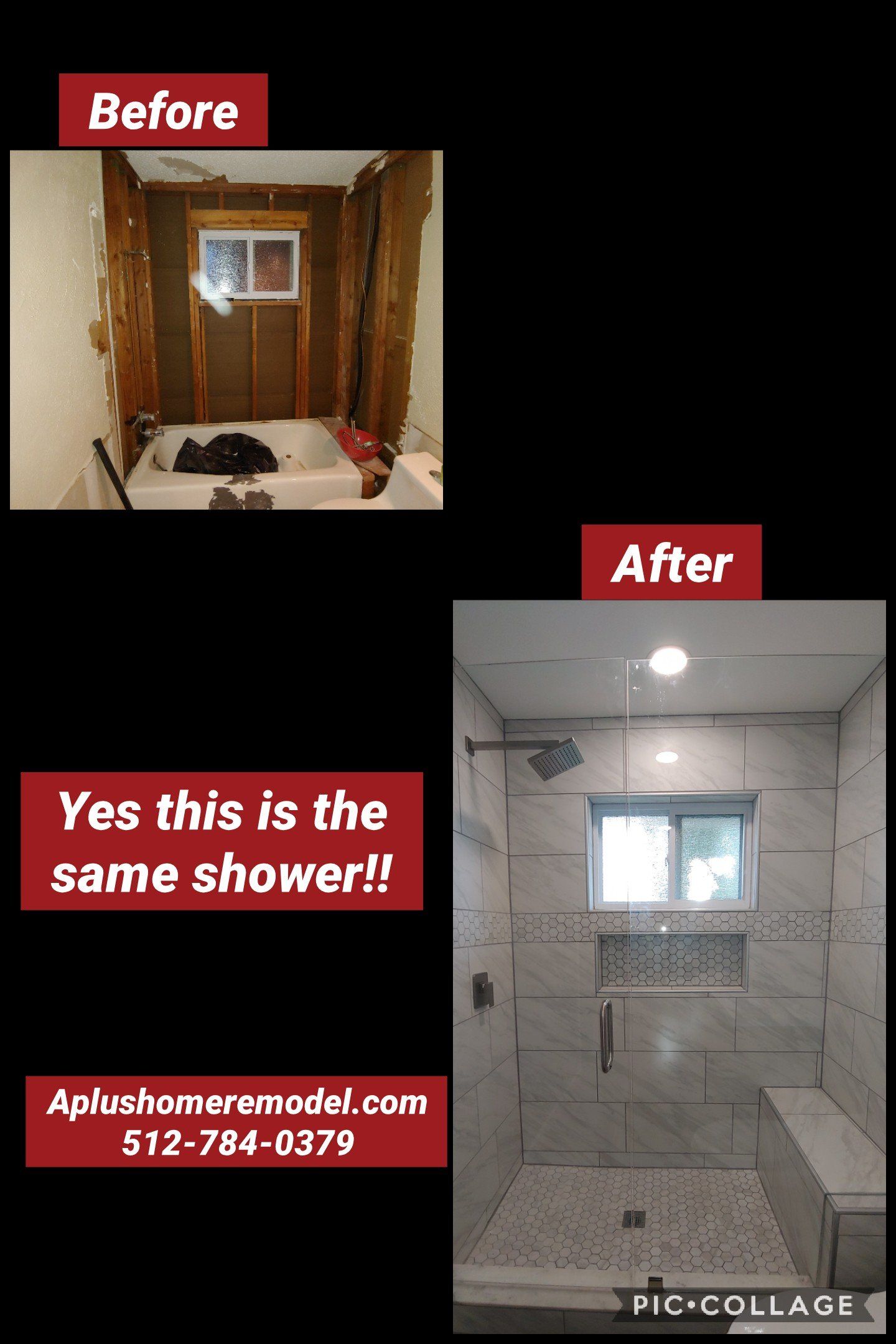 before/after renovated stone shower