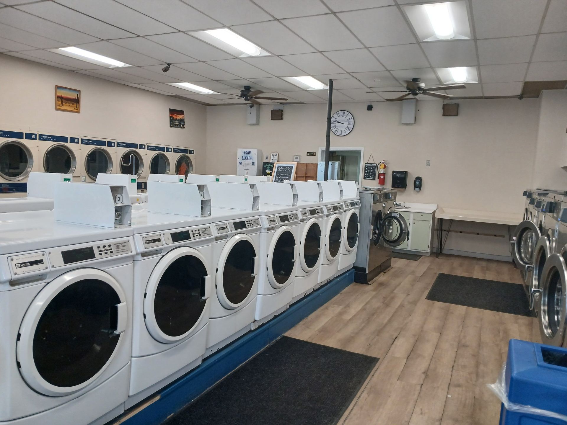 A row of white industrial dryers in a clean, brightly lit laundromat with wood-look flooring.