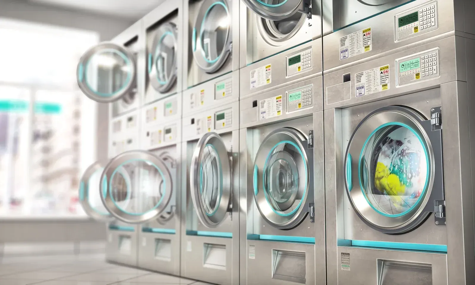 A row of commercial washing machines in a laundromat.